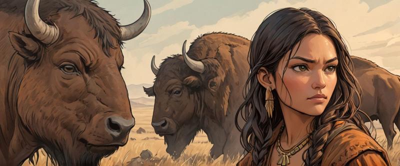 36984-3714346418-a page from comics, strong and beautiful cheyenne woman facing to buffalo on the plain,  face detail, close view, cinematic, gra.jpg